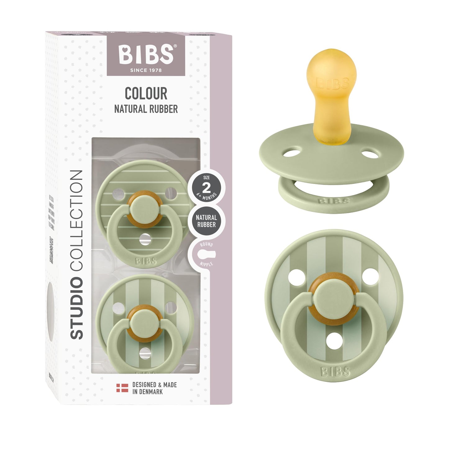 BIBS Pacifiers - Studio 2 Pack | Round Nipple Baby Pacifier | BPA Free Natural Rubber Latex Soother | Made in Denmark | Size 6+ 