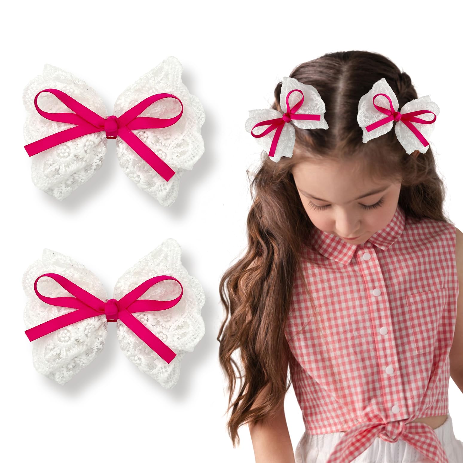 Lmymhmlm 2Pcs Lace Hair Bows For Girls, White Lace With Hot Pink Hair Ribbons, Alligator Bow Hair Clips, Handmade Hair Accessori