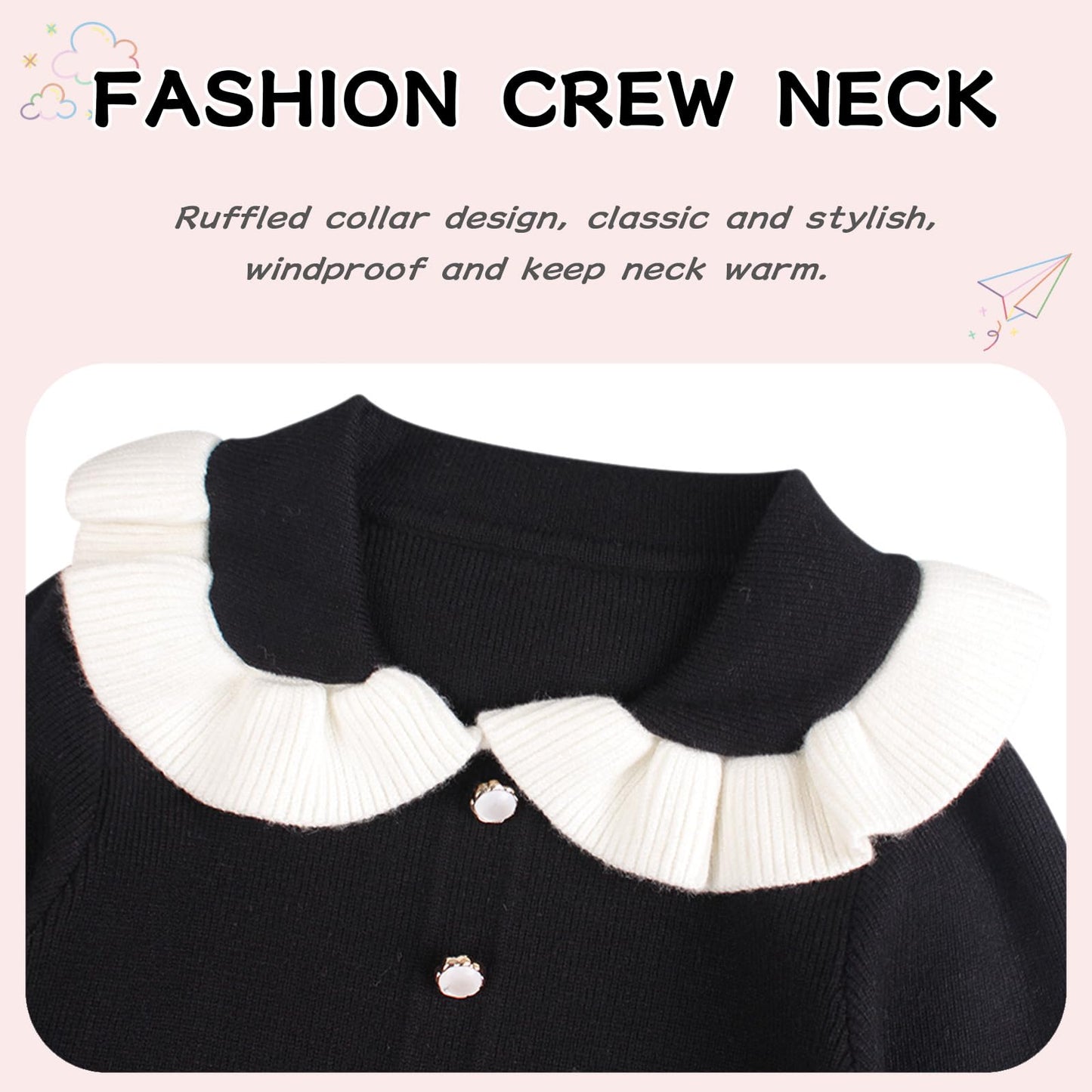 Peecabe Ruffles Toddler Girls Sweater Dress Soft Warm Long Sleeve V-Neck 2-6T Knitted Dress For Fall Winter (Black, 3T)