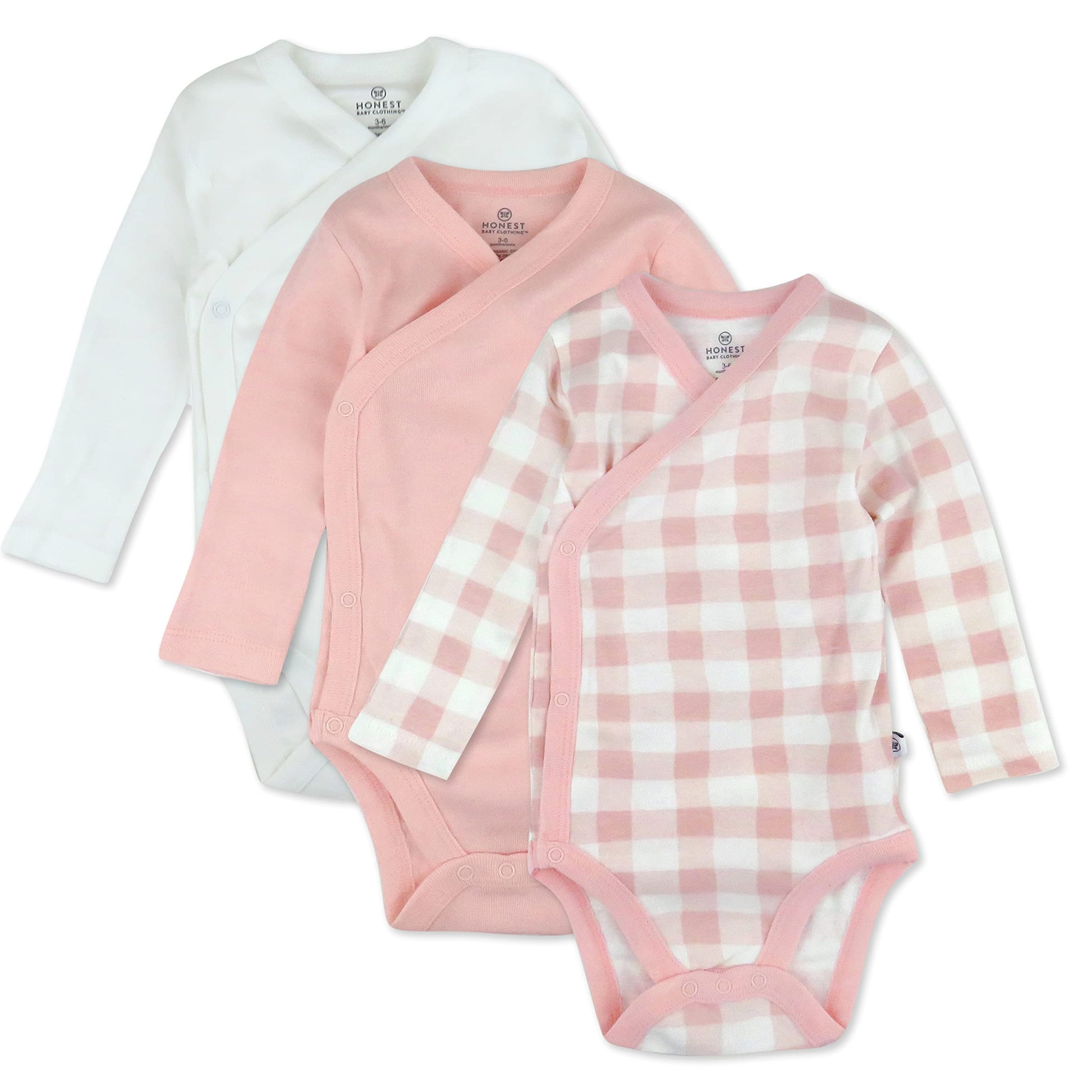 Honestbaby 3-Pack Organic Cotton Long Sleeve Side-Snap Kimono Bodysuits, Peach Skin Painted Buffalo Check, 6-9 Months