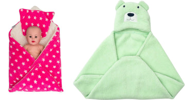 CTMKIDS Baby Wrap with Cushion Cap for Kids 74x84 cm  Pink & Baby Hooded Cum Wrap Blanket for Kids 92x66 cm  Sea Green
