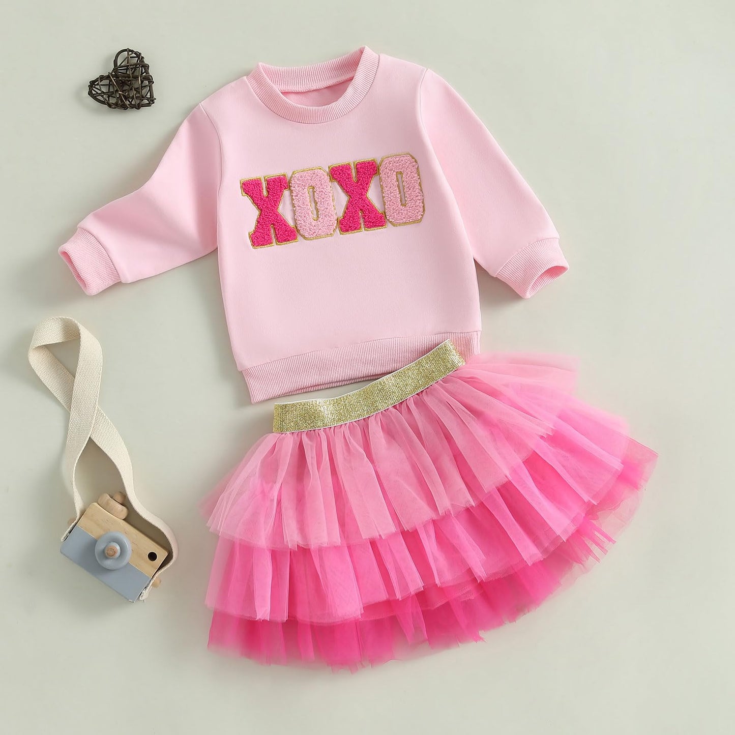 Toddler Baby Girl Valentines Day Outfit Red Love Heart Bow Sweatshirt And Tulle Tutu Skirts Set Cute Spring Clothes (Xoxo Layere