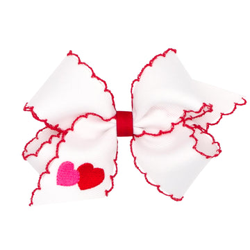 Wee Ones Girls' Valentines Day Hair Bow On Weestay No-Slip Clip, Moonstitch Heart Embroidered Grosgrain Hair Bow, Medium, White