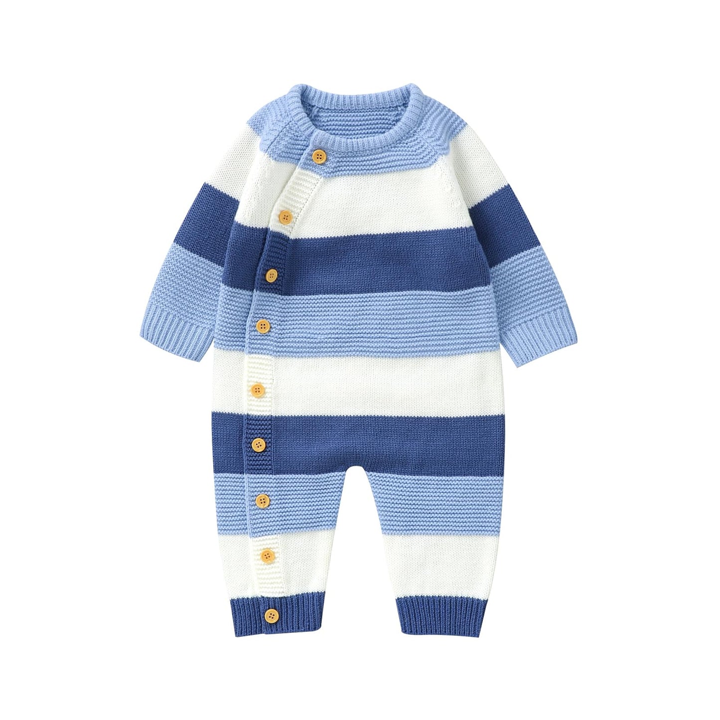 Licupiee Newborn Girl Boy Striped Sweater Romper Fall Long Sleeve Full Length Playsuit Winter Warm Button Up Knitted Jumpsuit (B