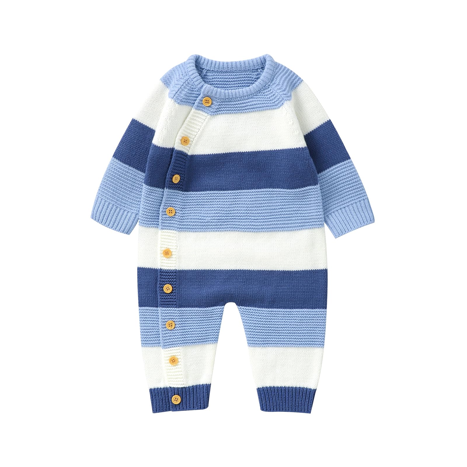 Licupiee Newborn Girl Boy Striped Sweater Romper Fall Long Sleeve Full Length Playsuit Winter Warm Button Up Knitted Jumpsuit (B