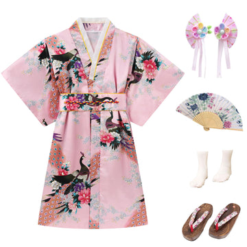 Cutey May Japanese Traditional Dress For Girls Costume Kimono For Kids Set (Pink, 6-7Years(130Cm))