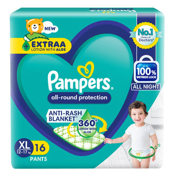 Pampers Complete Skin Comfort Pants, AntiRash Blanket, Lotion With Vitamin E & Aloe Vera, Extra Large Size Baby Diapers, (Xl) 1