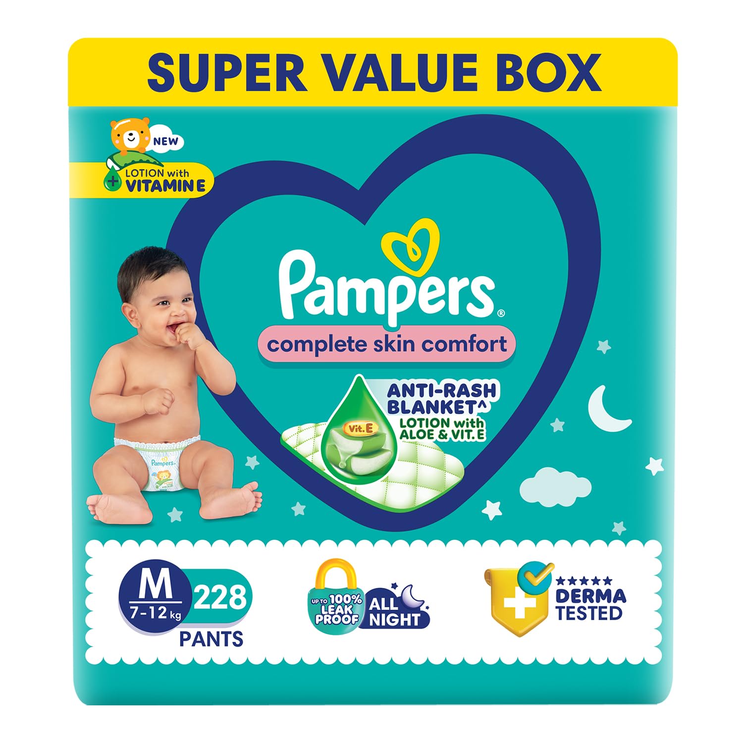 Pampers Complete Skin Comfort Pants, Medium (M) 228 Count, AntiRash Blanket, Lotion With Vitamin E & Aloe Vera, 712Kg