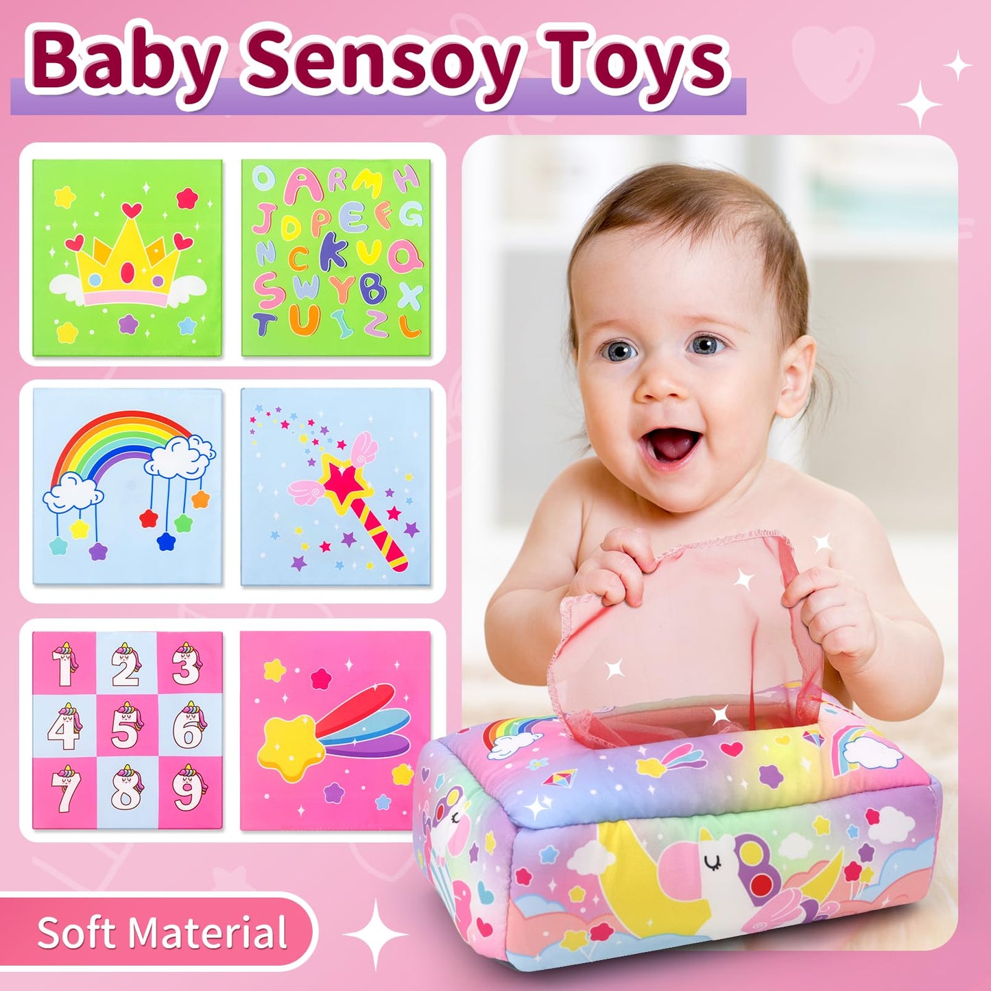 usrela 3 in1 Baby Toys 12 Months - Busy Board Sensory Toys, Tissue Box Toy, Pull String Teether, Learning Toy for Babies 12 18 M