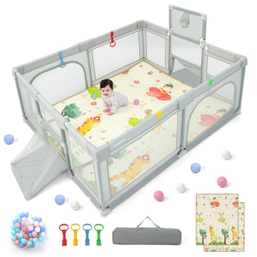 INFANS Baby Playpen, 74    x 62    Extra Large Baby Play Yard with Crawling Mat, 50 Ocean Balls, 4 Pill Up Rings, Basketball Hoo