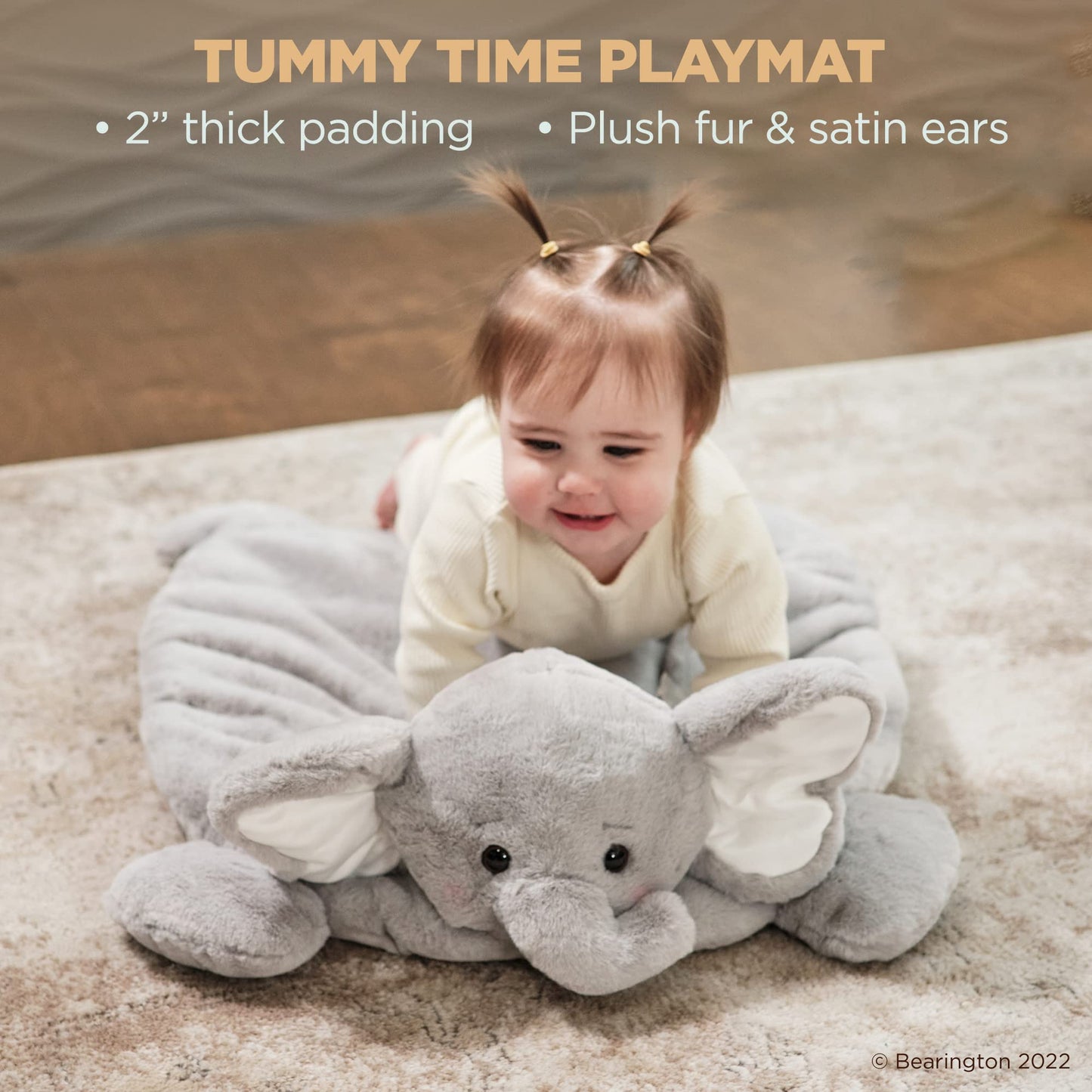 Bearington Baby Lil Spout Tummy Time Mat, 30 X 30 Inch Elephant Plush Stuffed Animal Blanket, Baby Elephant Nursery D  Cor
