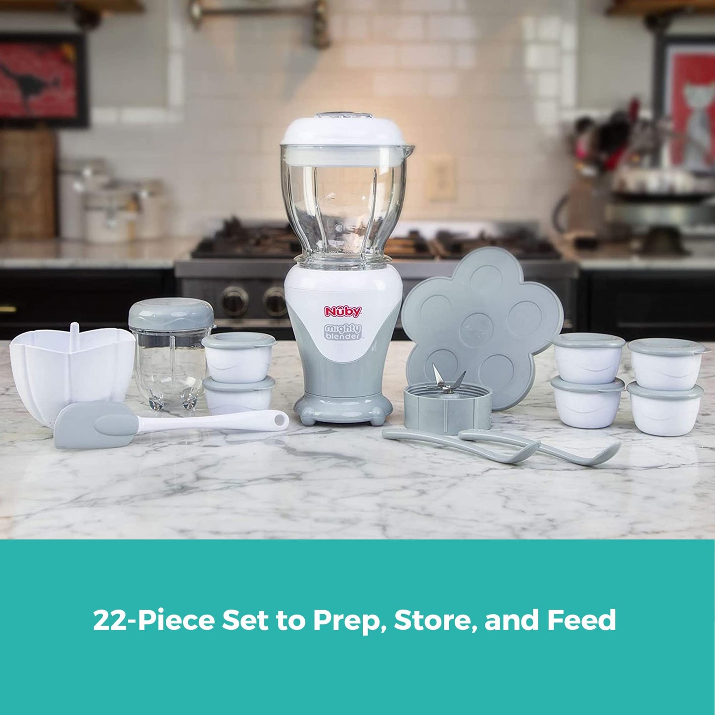 Nuby Mighty Blender With Cookbook - 22-Piece Baby Food Maker Set For Different Baby Weaning Stages - Cool Gray Design