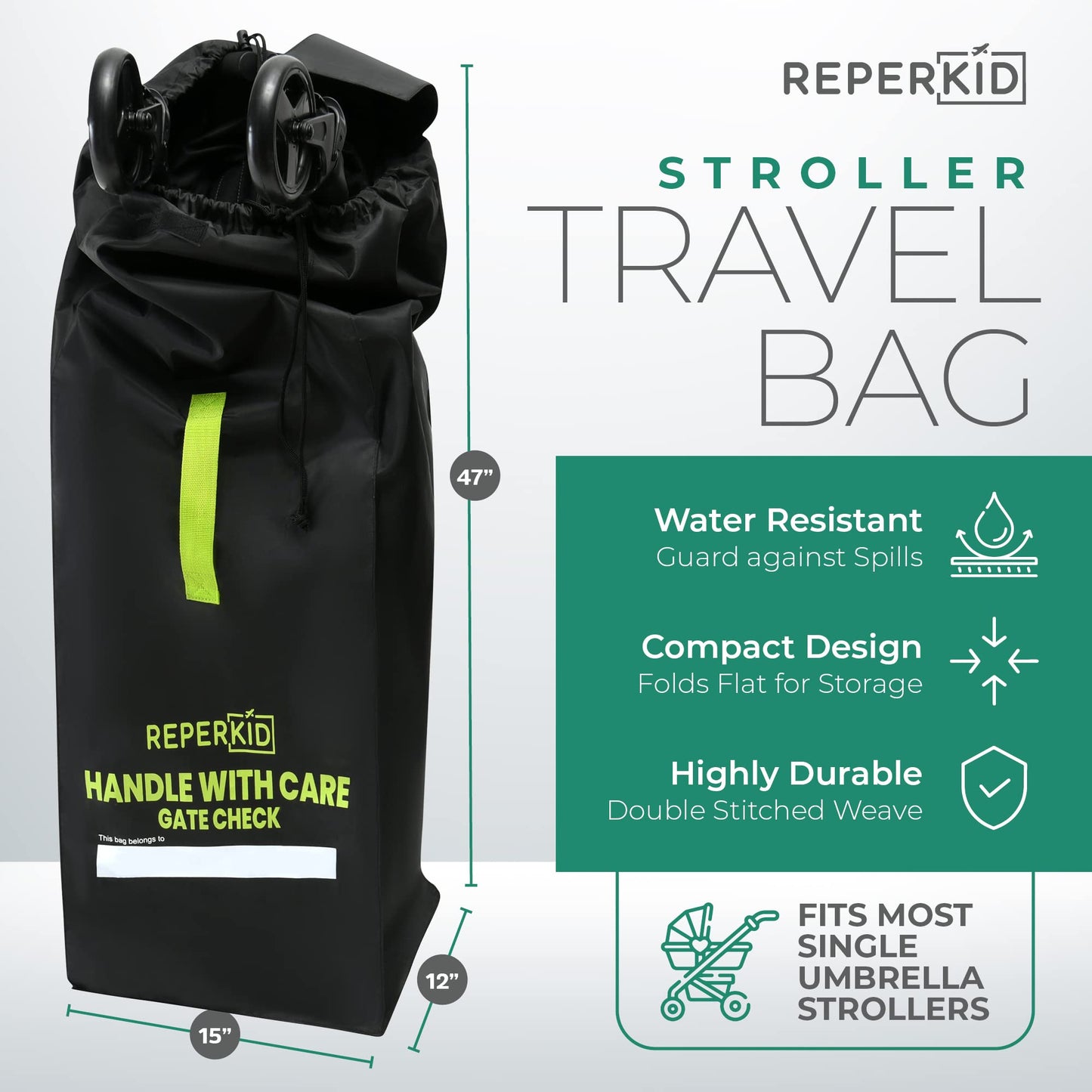 Reperkid Umbrella Stroller Bag For Airplane Travel, Black And Green, 47' H X 15' W X 12' D, Fits Most Single And Double Umbre