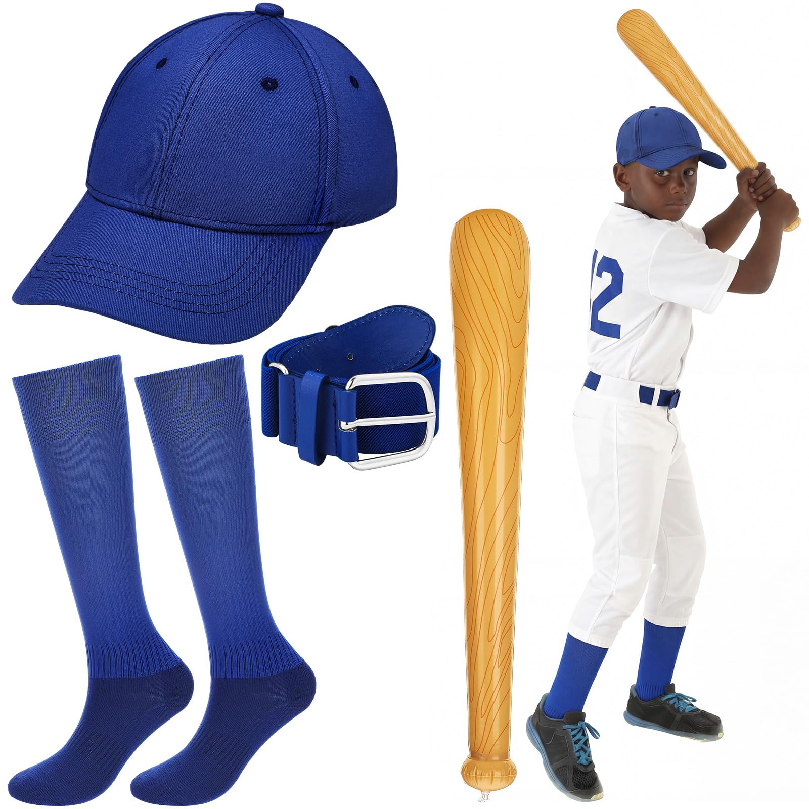 Janmercy 4 Pack Baseball Costume Accessories Include Youth Royal Blue Socks Belt Cap and Inflatable Bat Baseball Combo Set for B