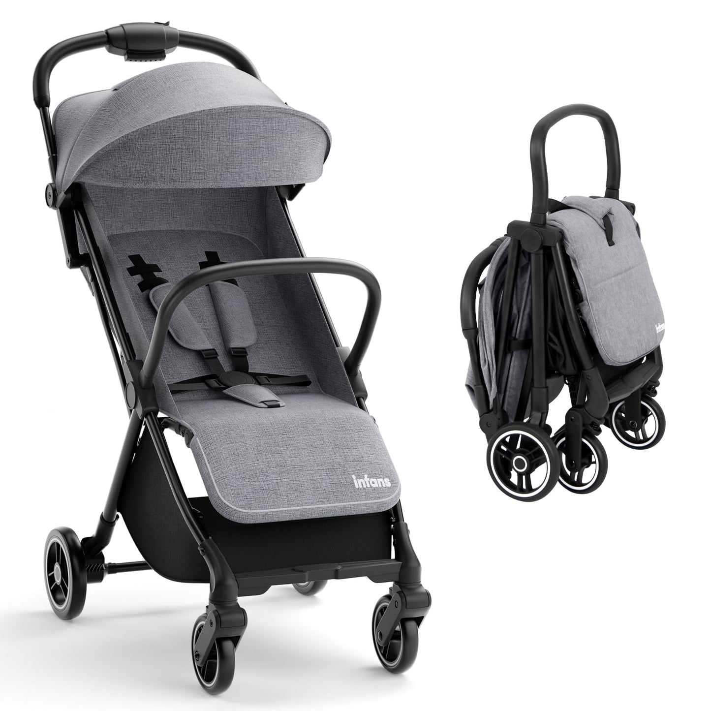 INFANS Ultra-Compact Fold Airplane Ready Travel Stroller, One-Hand Gravity Fold Near Flat Recline Seat, Foldable Toddler Strolle