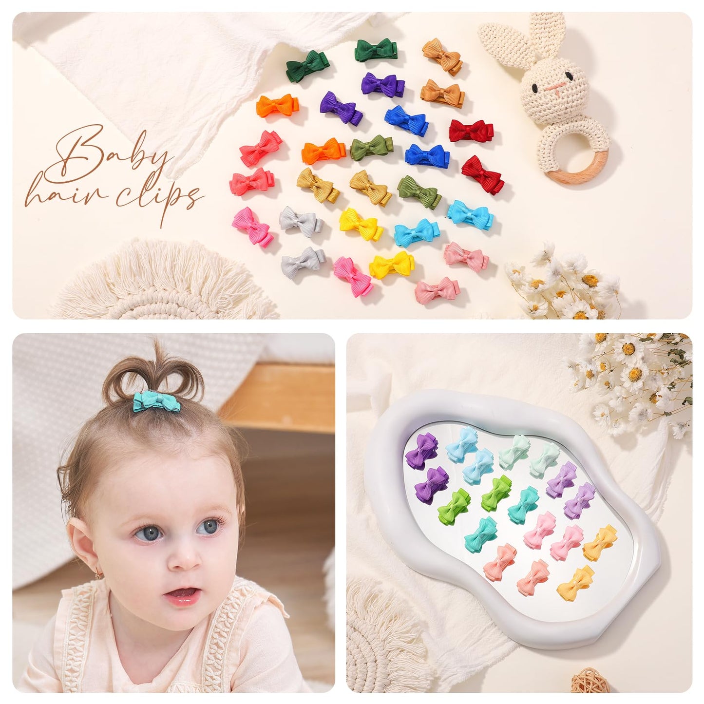Mini Fully Lined Grosgrain Ribbon Hair Bows Clips For Girls - 1.2' Tiny Bows For Fine Infant Hair, 60Pcs (30 Colors In Pairs)