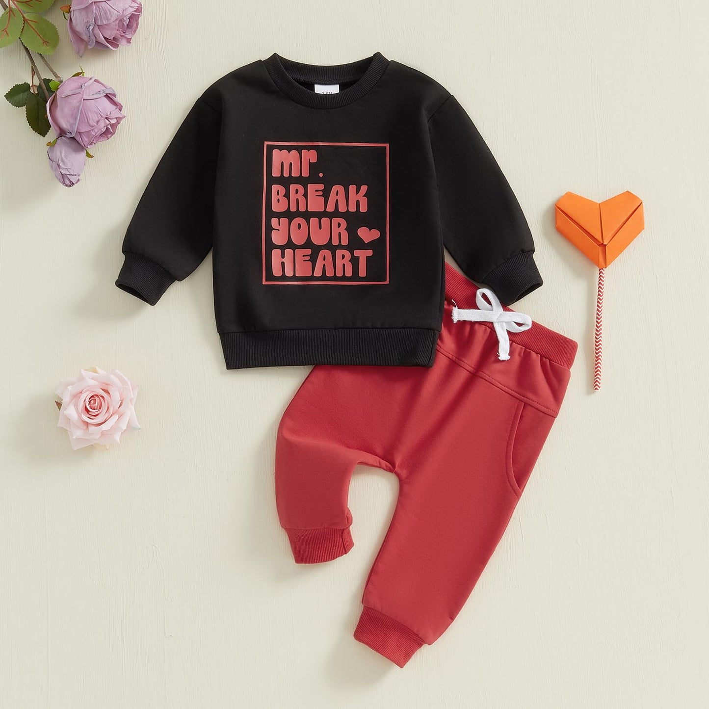 Baby Boy Fall Clothes Set Long Sleeve Letter Print Sweatshirt Pants Valentines Day Outfits 6 12 18 24 Months 2T (Black, 3-6 Mont