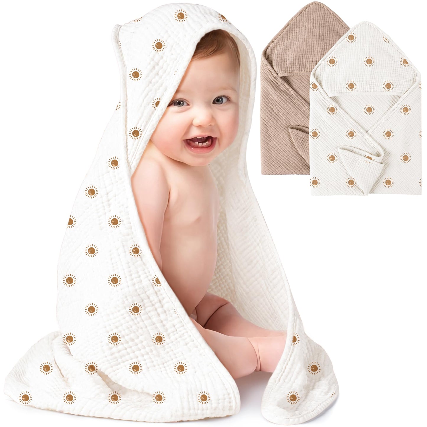 Konssy 2 Pack Muslin Hooded Baby Towels For Newborn Soft 100% Cotton Baby Bath Towel With Hood For Baby, Infant Ultra Absorbent,