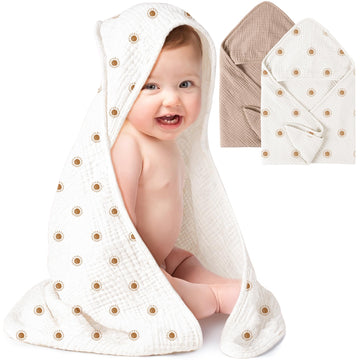 Konssy 2 Pack Muslin Hooded Baby Towels For Newborn Soft 100% Cotton Baby Bath Towel With Hood For Baby, Infant Ultra Absorbent,