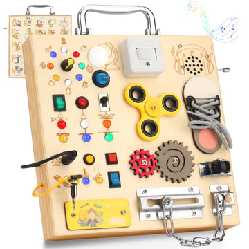Wooden Busy Board with LED Light Montessori Baby Learning Toys for Toddlers , Sensory Activity Board, Travel Educational Toys, B