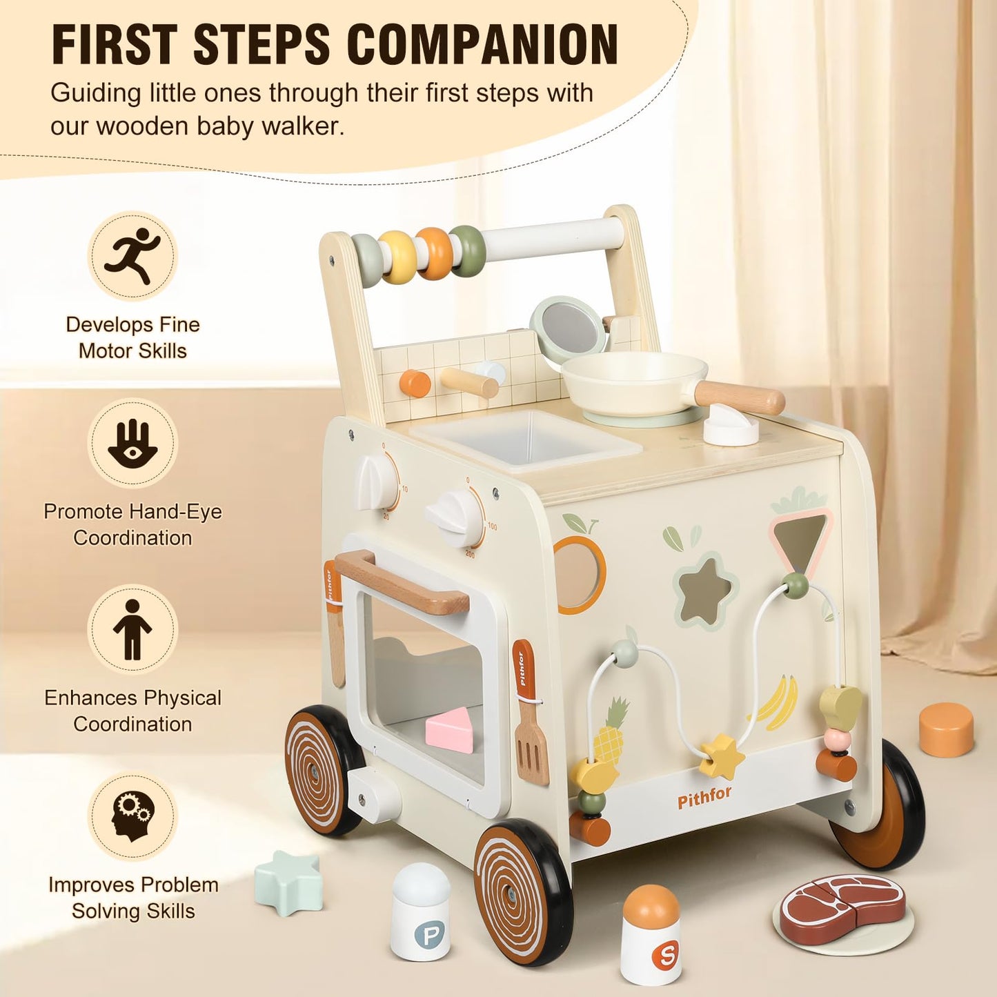 Pithfor Wooden Baby Walker, 3-in-1 Baby Push Walker, with Pretend Kitchen, Montessori Sensory Activity Center, Push Walker Toys