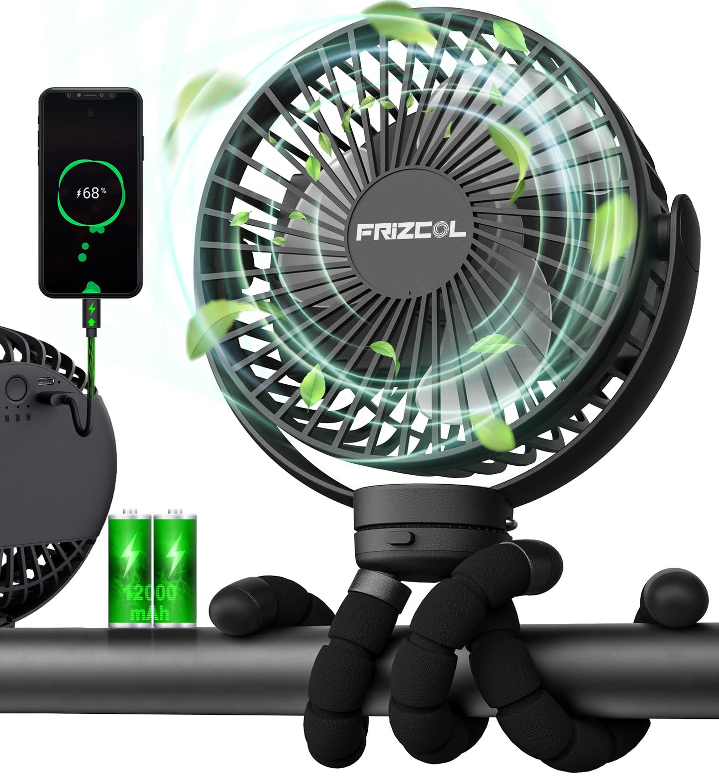 Portable Stroller Fan, Use As Power Bank, 65H 12000Mah Battery Operated Fan Flexible Tripod Baby Car Seat Fan With Timming, Pers