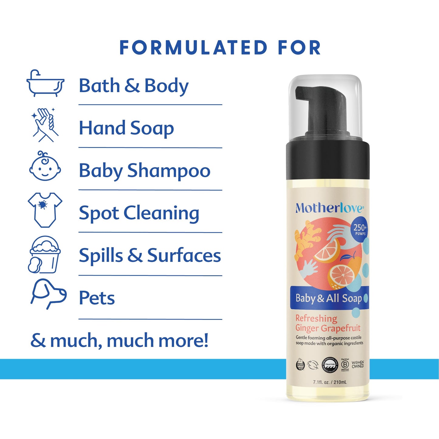 Motherlove Baby & All Soap (7.1 Oz) Gentle Foaming All-Purpose Castile Soap Made With Organic Ingredients - Refreshing Ginger Gr