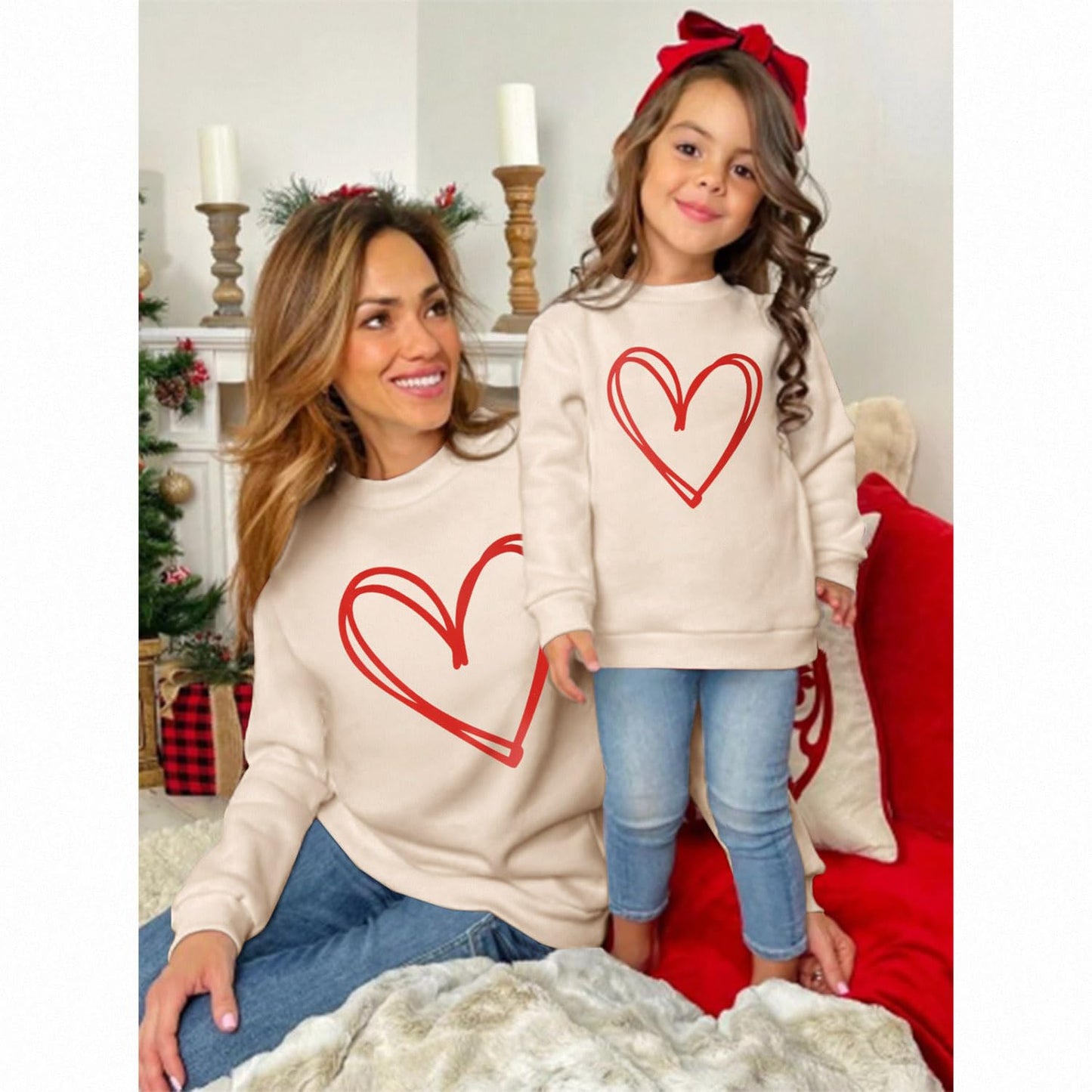 Mommy And Me Valentine'S Day Sweatshirt Love Heart Graphic Family Matching Pullover Casual Long Sleeve Shirt Tops (Mom-Apricot,