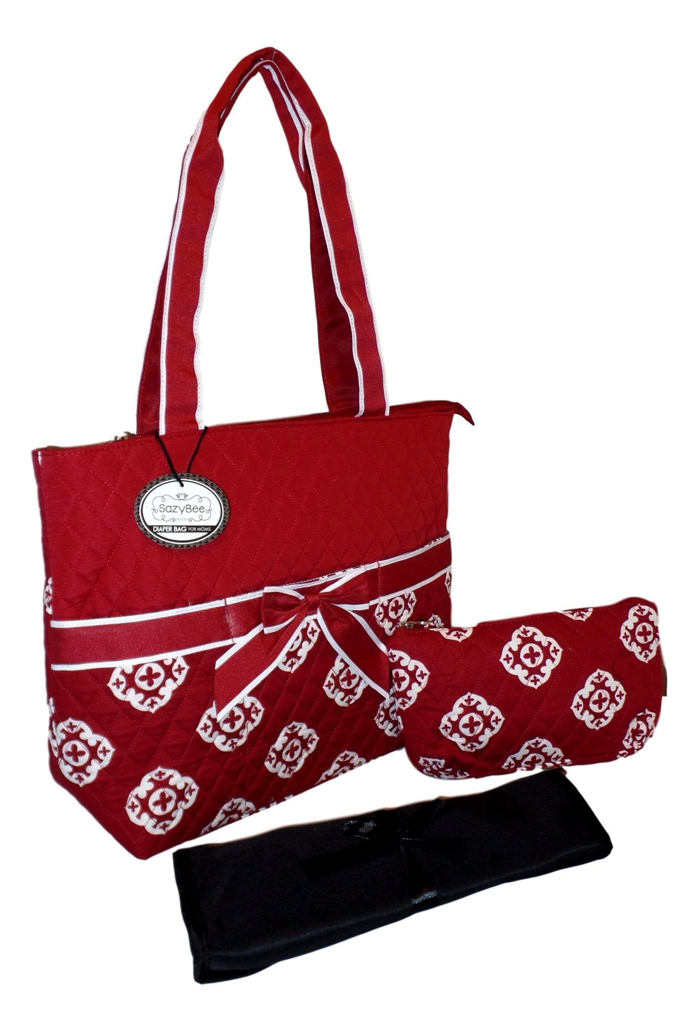 Sazybee 3 Piece Diaper Tote Bag Set - Custom Embroidery Available (Monogrammed Burgundy Medallions)