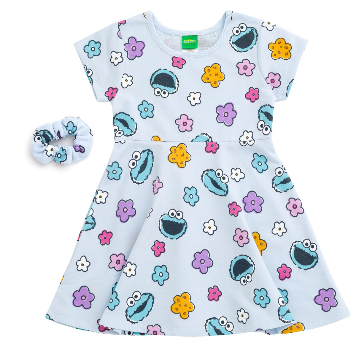 Sesame Street Cookie Monster Toddler Girls French Terry Skater Dress and Scrunchie Cookie Monster Blue 3T
