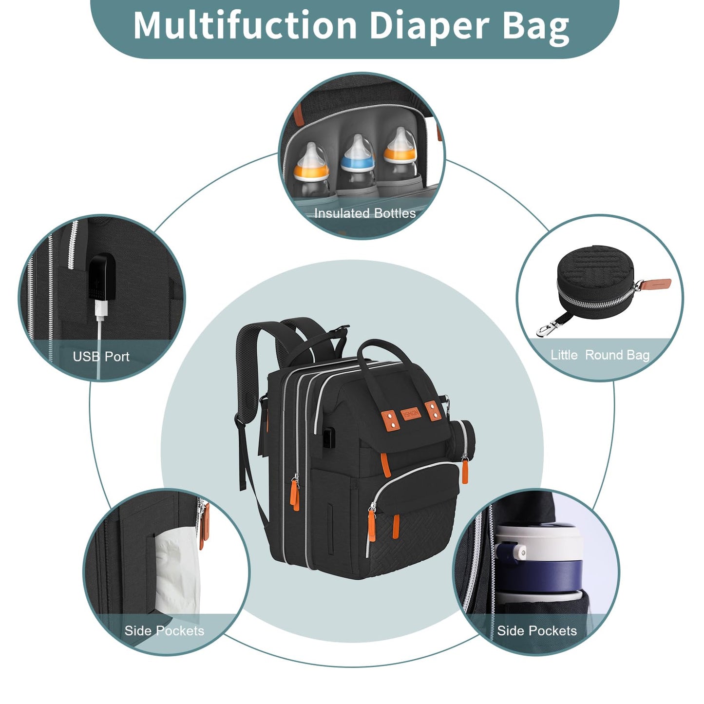 Ismgn Extra Large Diaper Bag Backpack, Multifunctional Diaper Bag, Expandable Diaper Bag, Ub Black