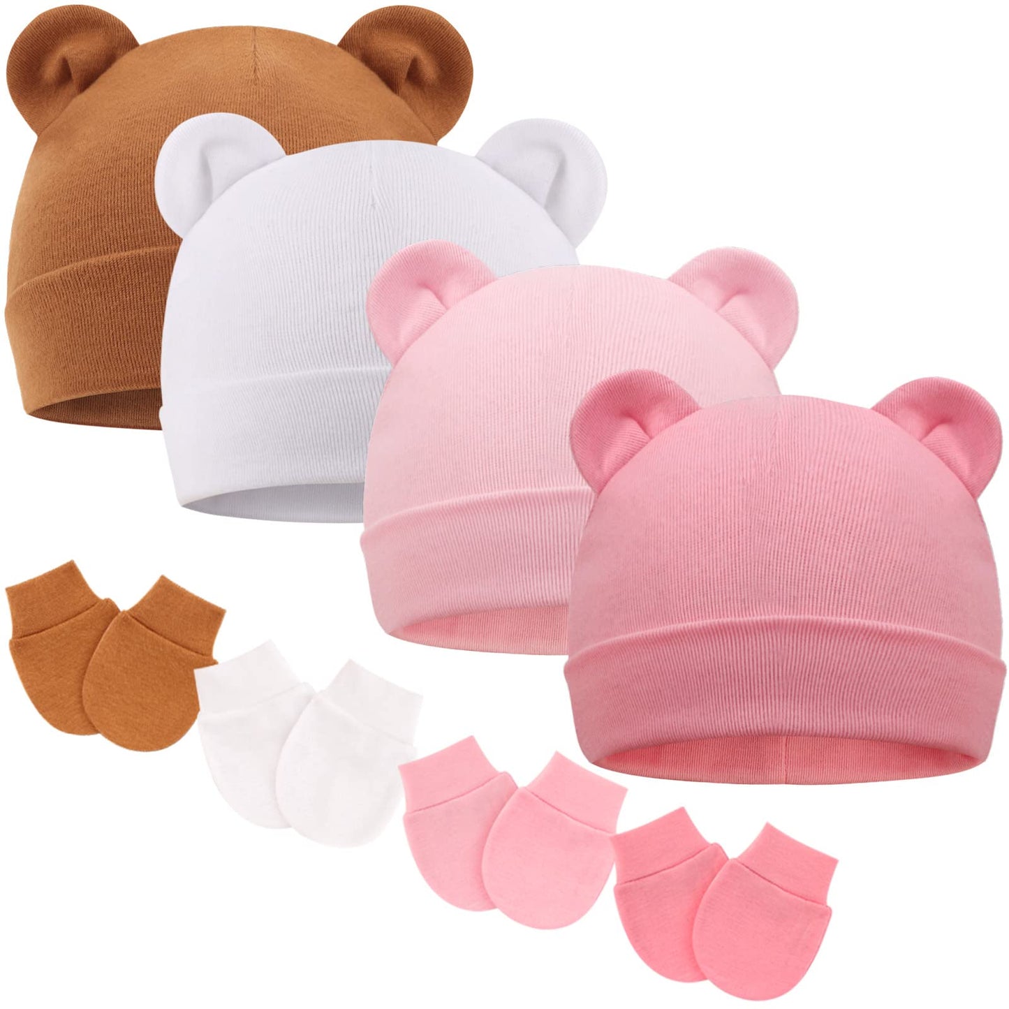 Bqubo Newborn Baby Hats Mittens Set For Boys Girls Hospital Hat Beanie Bear Ears Infant Caps Baby Cotton Gloves No Scratch Mitte