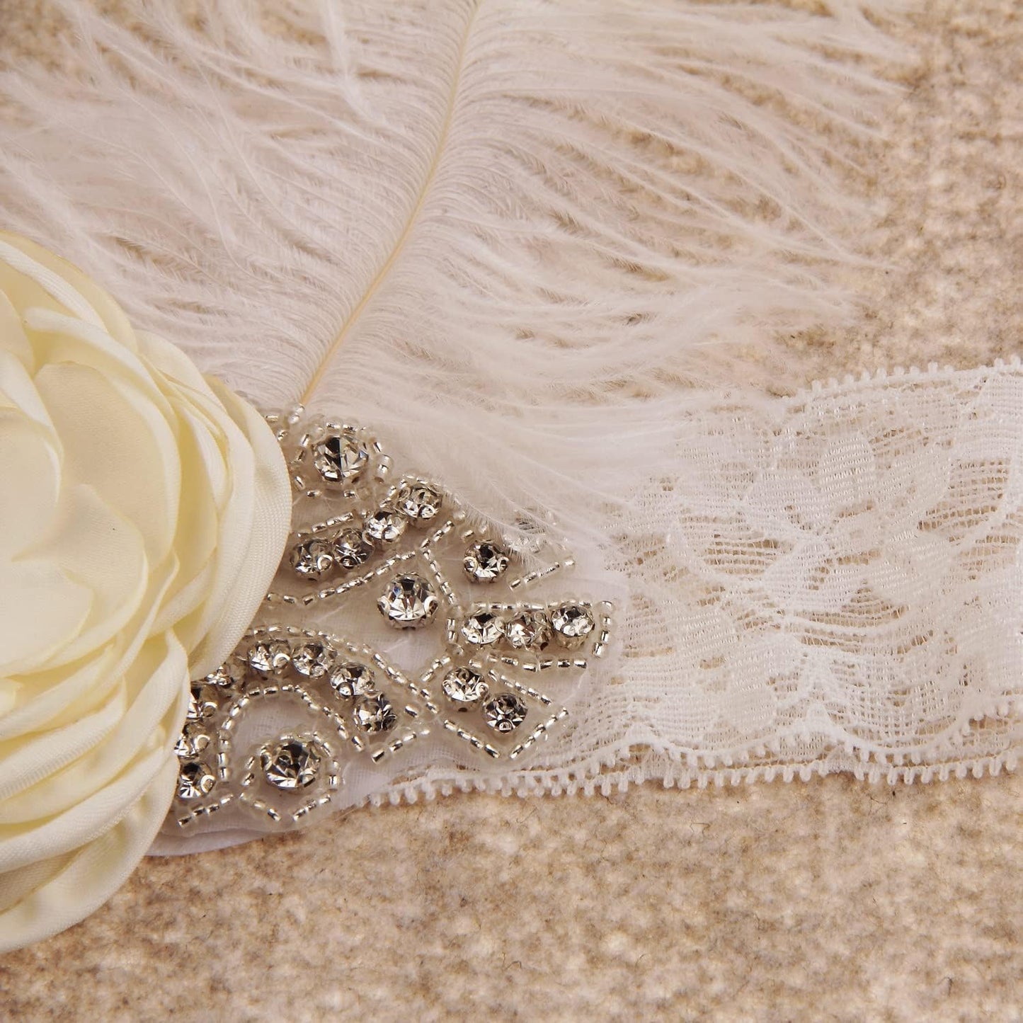 Nishine Baby Girls Rhinestone Flower Lace Headband Elastic Infant Headbands Newborn Hair Bands (Ivory)