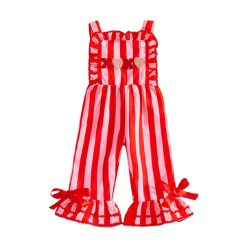 Geogenry Toddler Baby Girl Valentines Day Outfit Flare Jumpsuit Bell Bottom Romper Sleeveless Ruffle Smocked Overalls Clothes (P