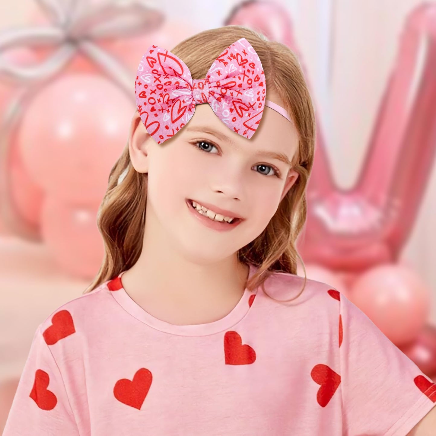 Lanmerry Valentine'S Day Baby Girl Bows Headbands Pink Red Love Heart Headbands Valentines Hair Bow Elastic Nylon Hairbands Hair