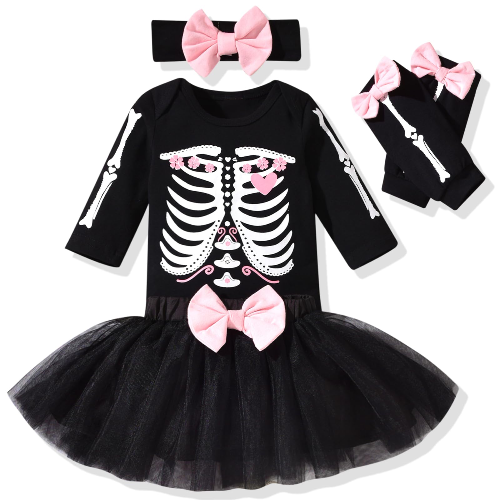 Aalizzwell 12-18 Months Baby Girls Halloween Outfit Infant Halloween Tulle Skirt Ghost Skeleton Clothes With Leg Warmers Clothin