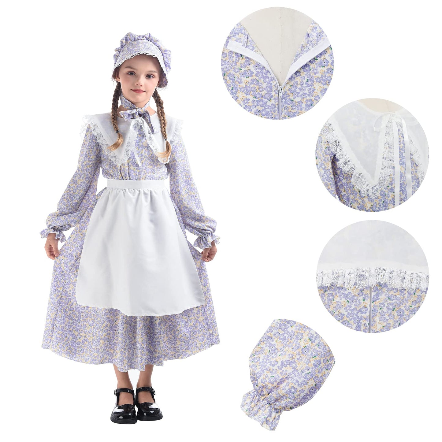 Ltakk Prairie Dresses Girls Pioneer Colonial Costume Girl Pilgrim Dress With Shawl, Apron And Bonnet, Blueviolet, Small, Age Ove