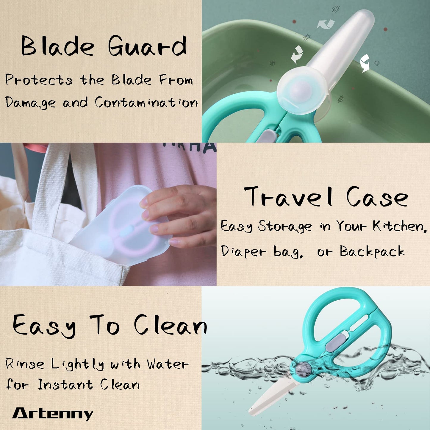 Artenny Baby Food Scissors With Travel Case, Ceramic Food Scissors Kids, Toddler Scissors With Safety Lock, Ideal For Pizza, Mea