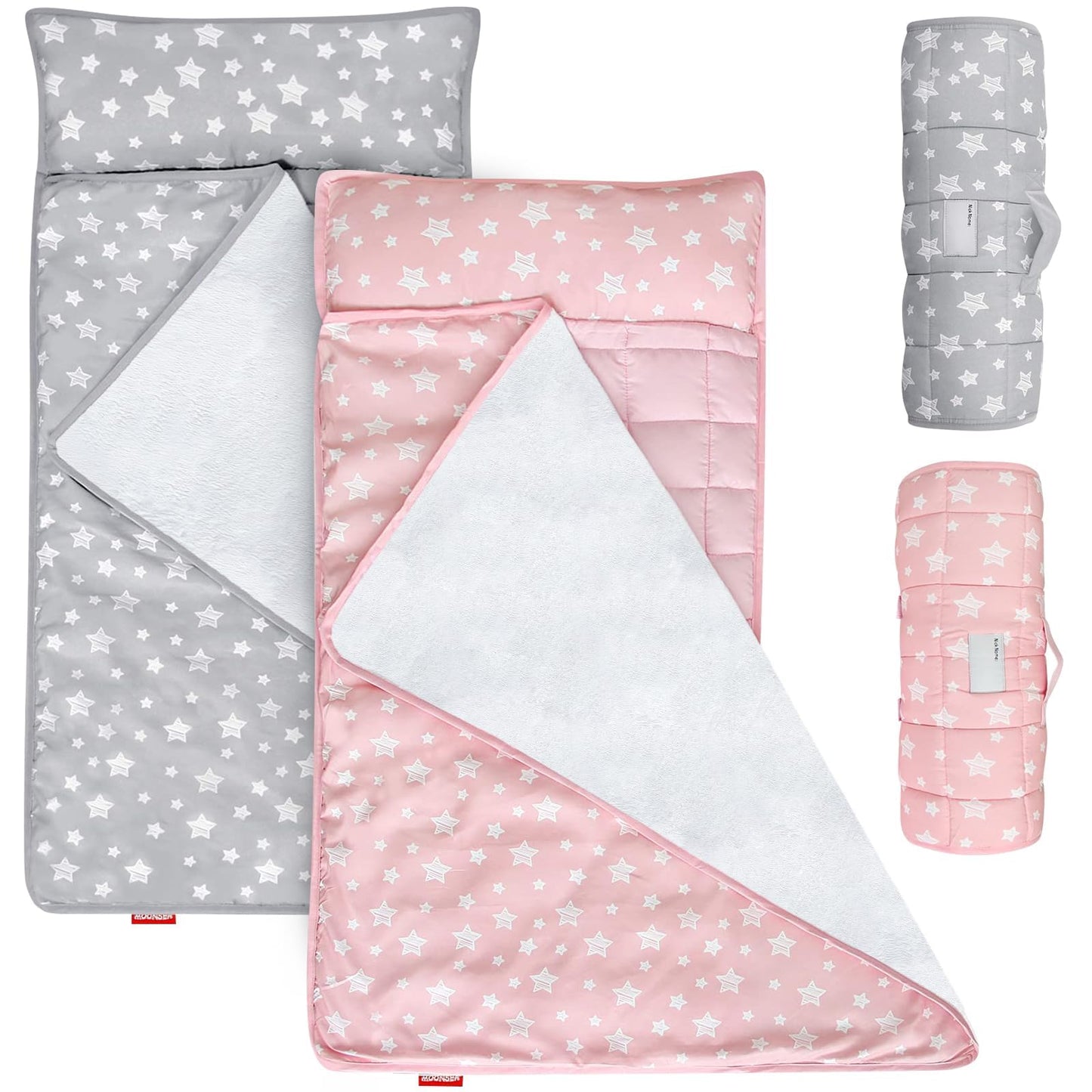 Toddler Nap Mat 2 Pack, Nap Mat For Kids Preschool, Daycare With Pillow And Fleece Minky Blanket, Lightweight, Soft, Gray And Pi