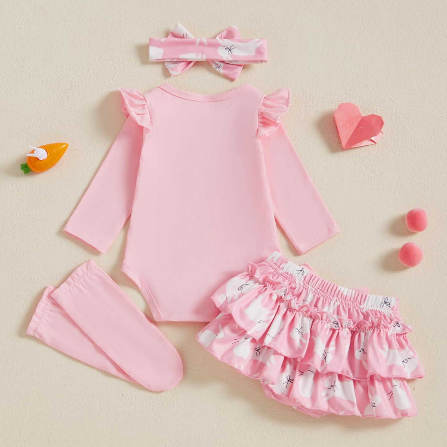 Beqeuewll Newborn Baby Girl Easter Outfit Bunny Clothes Long Sleeve Romper+Bloomers Tutu Skirt+Socks+Headband 4Pcs (1St Easter,