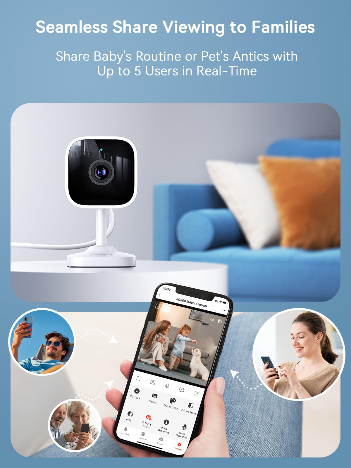 Outinput Indoor Security Camera 2K WiFi Camera?Home Security, Baby Monitor, Pet Camera?App Control, Instant Alert, Motion Detect