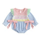 Newborn Baby Girl Fall Clothes Jesus Loves Me Embroidery Bubble Romper Striped Long Sleeve Bodysuit Baptism Outfit, Blue, 612 M