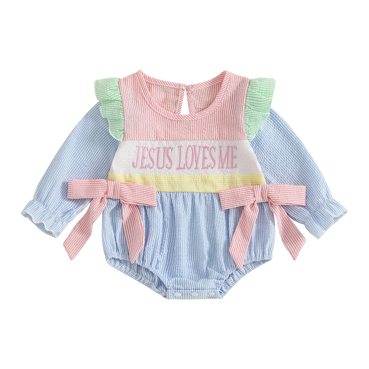 Newborn Baby Girl Fall Clothes Jesus Loves Me Embroidery Bubble Romper Striped Long Sleeve Bodysuit Baptism Outfit, Blue, 612 M