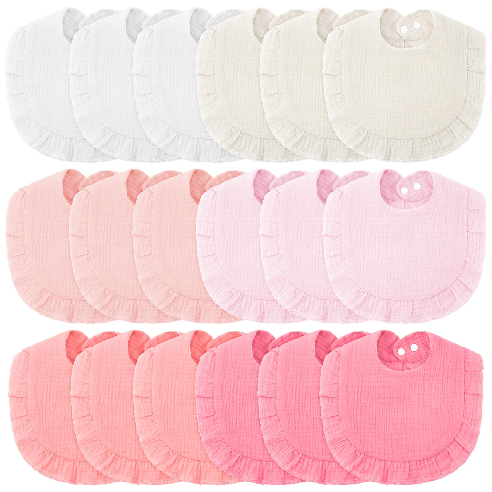 Kenning 18 Pcs Muslin Drool Baby Bibs Ruffle Absorbent Bib with Snap Button Boy Girl for Drooling Teething Infant Newborn(Warm P