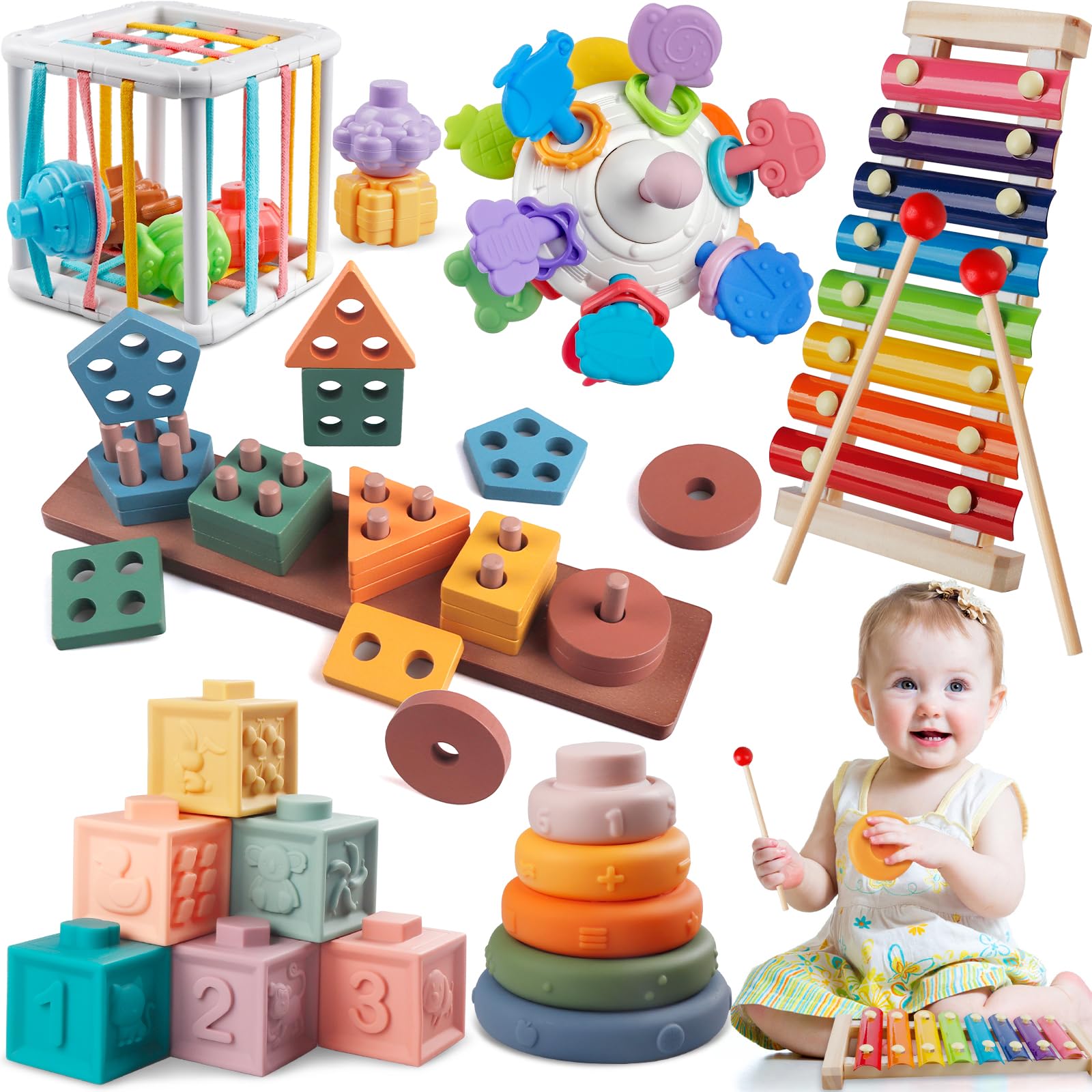 6 in 1 Montessori Baby Toys for 1 + Year Old, Infant Sensory Teething Toys for Babies 6-12 Months, Wooden Stacking Building Bloc