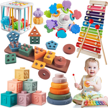 6 in 1 Montessori Baby Toys for 1 + Year Old, Infant Sensory Teething Toys for Babies 6-12 Months, Wooden Stacking Building Bloc
