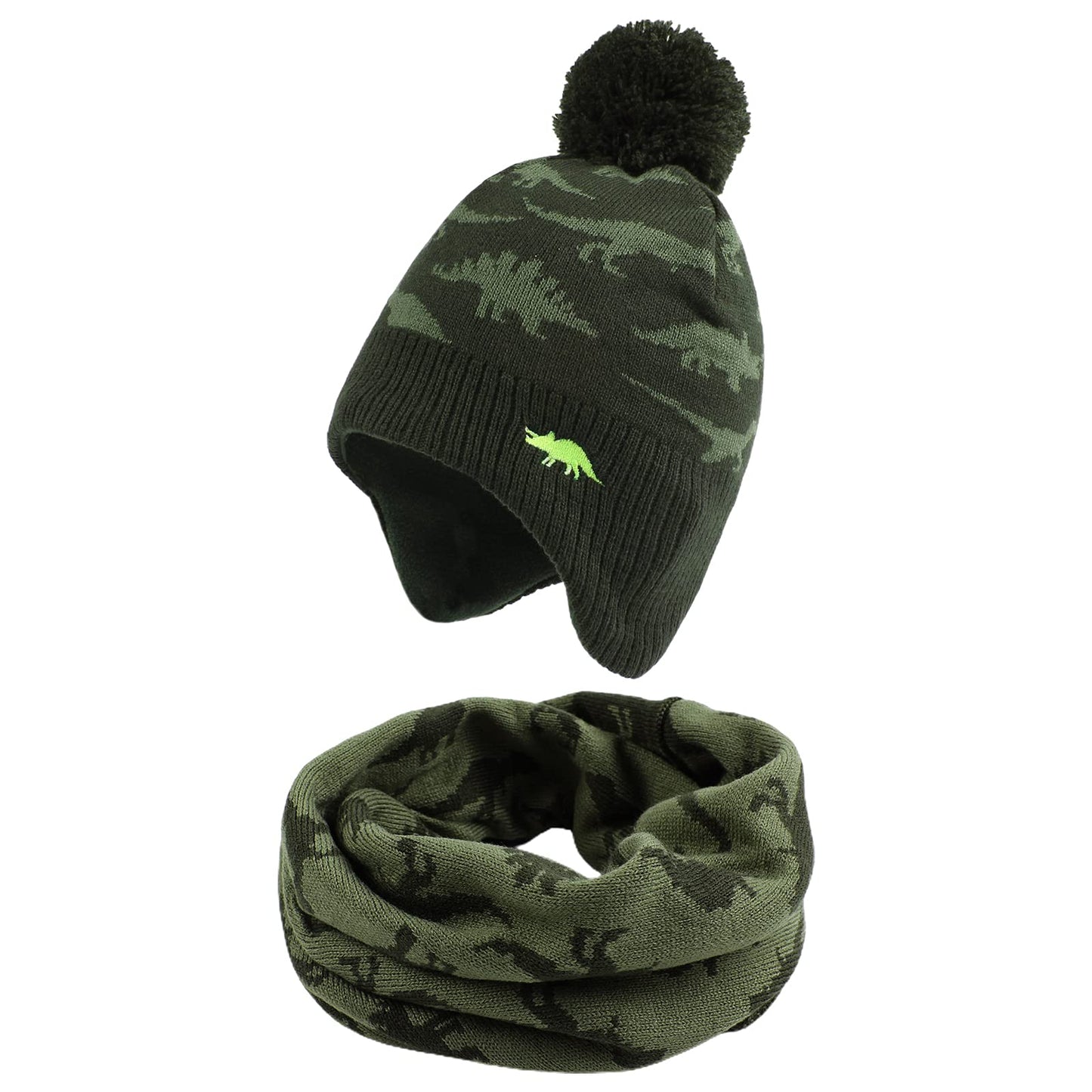 Knitted Baby Hat Scarf Set Winter Warm Boys Girls Beanie Fleece Lining Toddler Kids Hat With Pompom (Olive Green(Hat+Scarf), 2-4