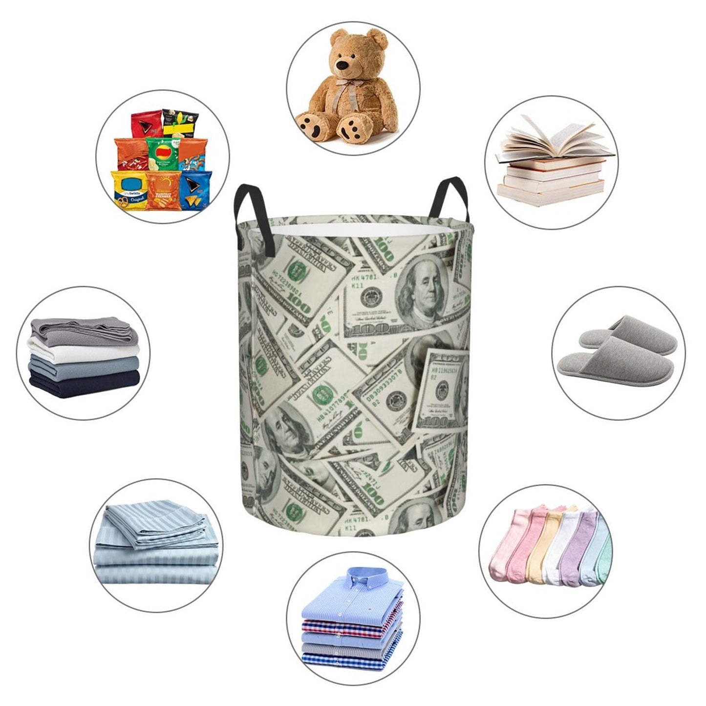Gbuzozie Money Round Laundry Hamper Hundred Dollar Bill Storage Basket Toys Clothes Organizer Bin For Home Bathroom Bedroom Dorm