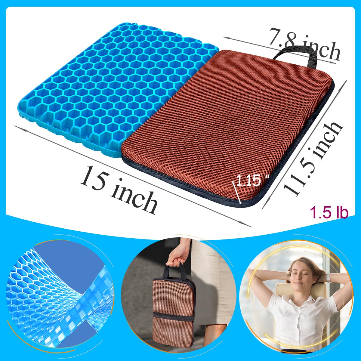 Masteymoh Small Foldable Seat Cushion 1-Inch Thick, Portable Gel Seat Cushion For Pressure Relief, Light Portable Seat Cushion F