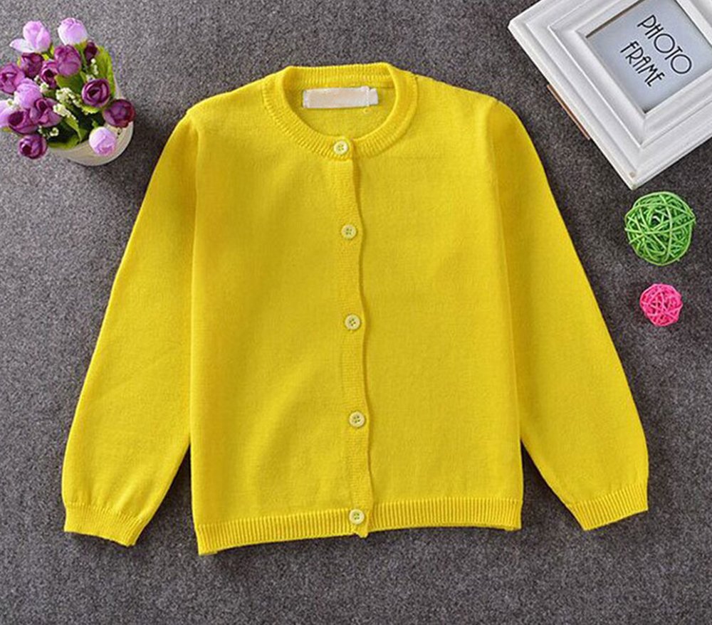 Gsvibk Girls Cardigan Long Sleeve Crewneck Cardigans Solid Knit Button Sweater Cardigan Baby Girl 5-6Y Yellow 6112